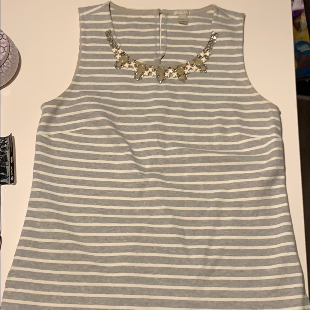 J. Crew grey white striped jeweled embellished top